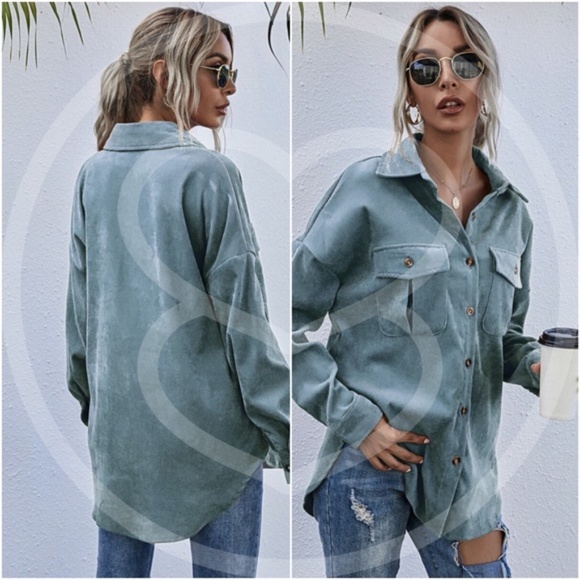 dusty blue Corduroy button down light fall jacket - Picture 8 of 9